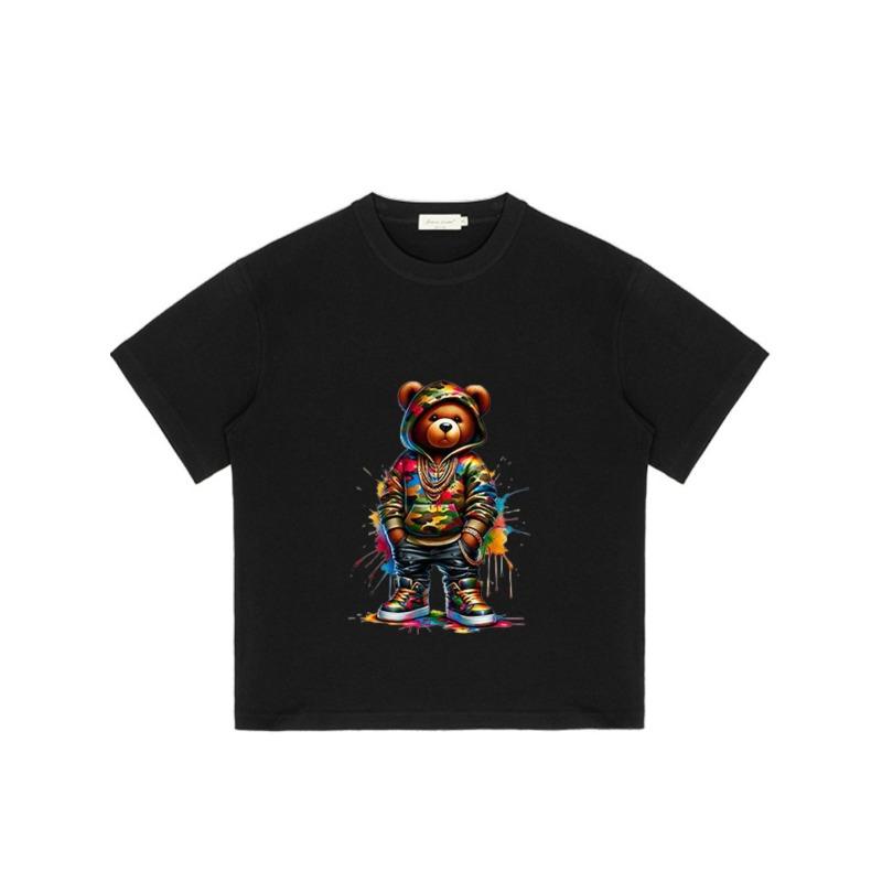 Crewneck T Shirt Black Colorful Bear Graffiti Print Streetwear Fashion Casual Wear for Men and Women