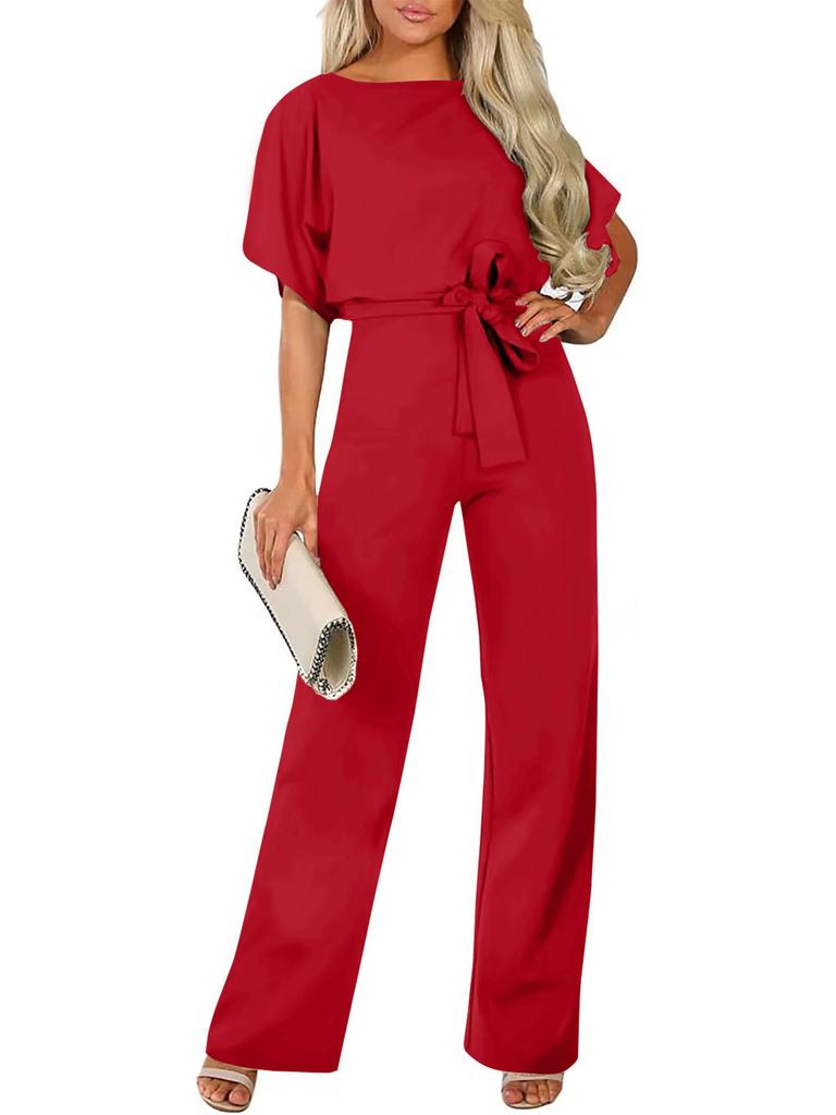 Solid Color Short-Sleeve Tie-Sleeve Romper Jumpsuit