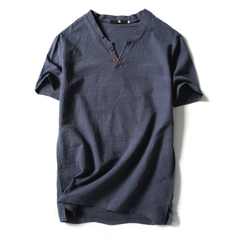 Men's Chinese-Style V-Neck Linen T-Shirt - Short-Sleeved, Solid Color, Summer Cotton Blend