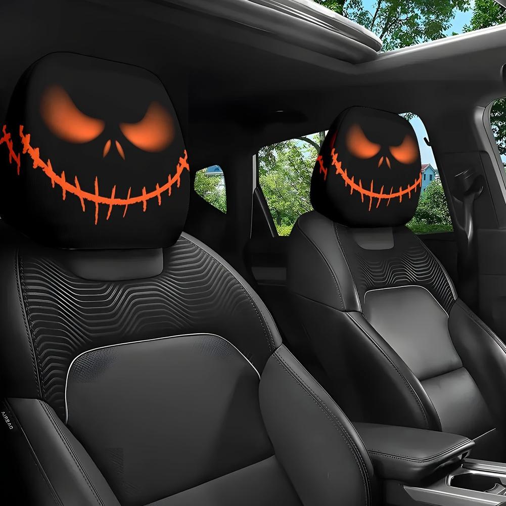 Cute Funny Car Pillowcase Halloween Pumpkin Car Chair Cover Unique Universal Car Interior Decor Polyester Headrest Cover