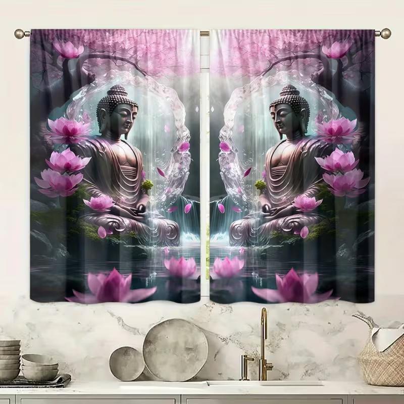 2 Pcs Lotus Buddha print curtains,suitable for bedroom,living room kitchen decoration,home decoration,window decoration