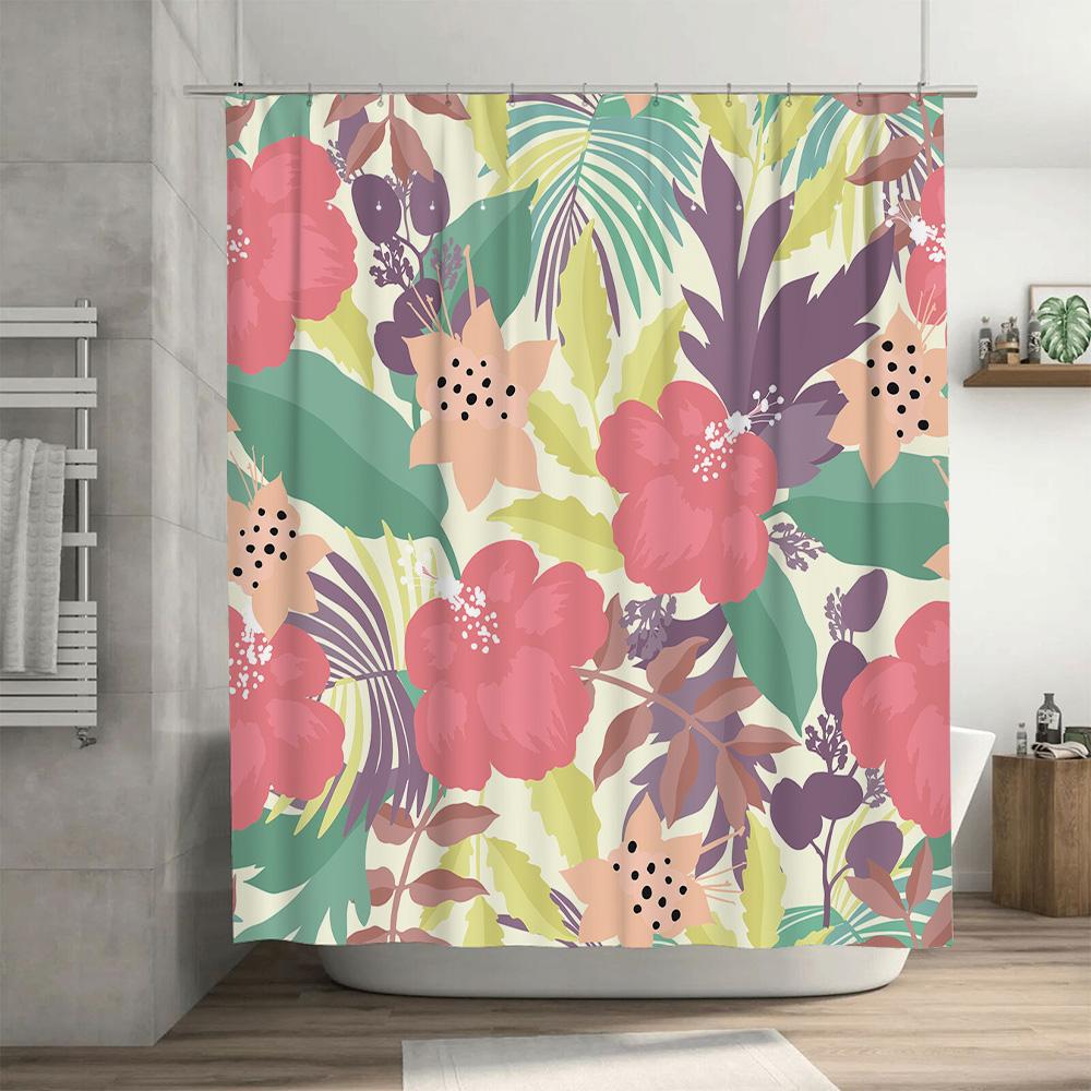 Tenda da Bagno Doccia alla Moda con Stampa Floreale Rosa Verde Viola Tessuto Impermeabile Decorativo per Set di Rivestimento per Bagno Decorazione
