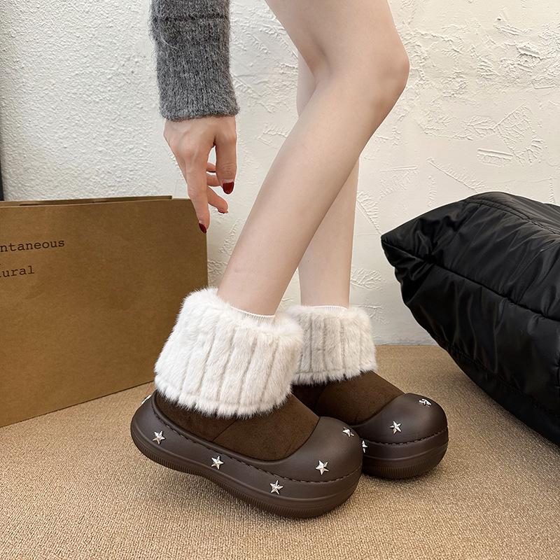 Women's fashion lightweight soft sole winter warm fur one snow boots padded lining non-slip casual sports cotton boots