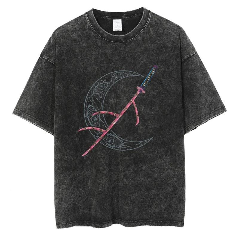 T-Shirt Cotton Harajuku Style Cotton Washed Retro Loose Mu Team Casual Men'S Animation Ghost Annihilation Blade Black Death
