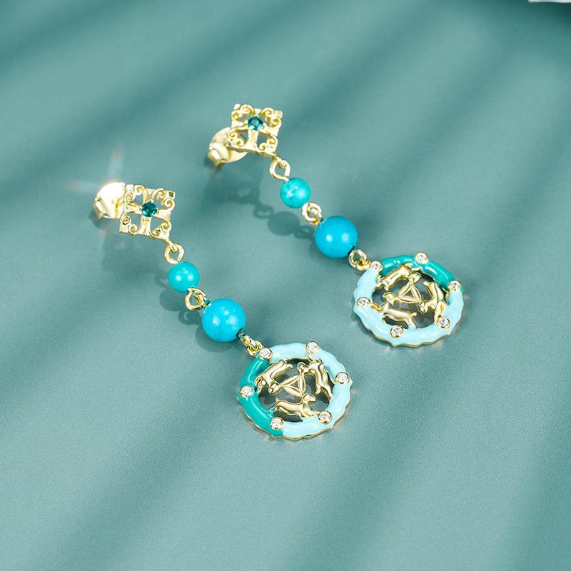 

Original horse dress accessories women s enamel drip glaze natural turquoise earrings, high-end new Chinese earrings