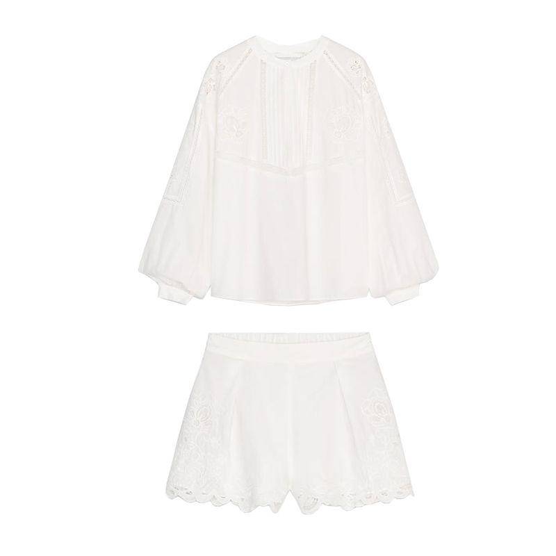 Spring and Summer Cotton Vertical Lace Trim Embroider Shirt 4786058 High Waist Embroider Pleated Shorts 4786059