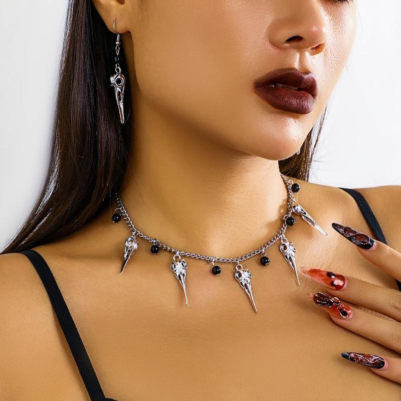 Gothic Choker Earrings Punk Skull Pendant Necklace and Earrings Set Jewelry