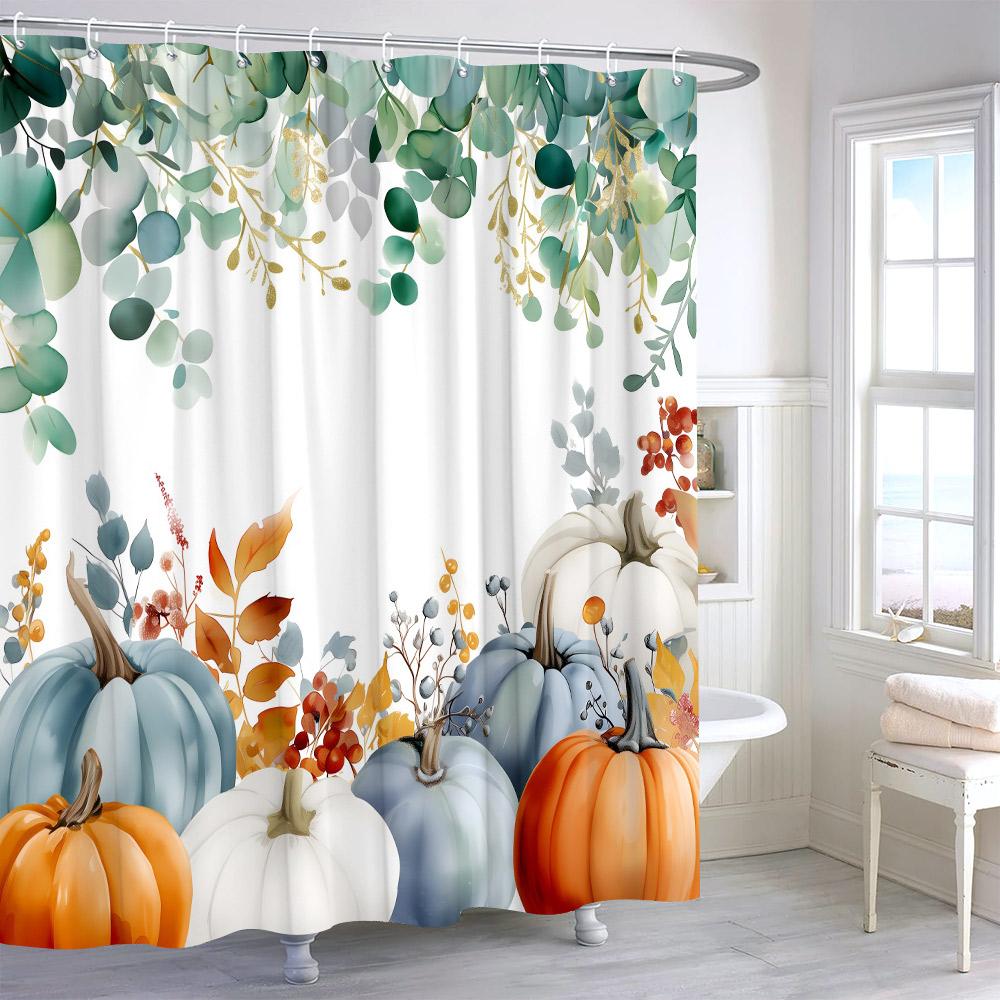 Autumn Watercolour Leaves Pumpkin Shower Curtain Maple Leaves Thanksgiving Gift Polyester Printed Shower Curtains Bathroom Decor