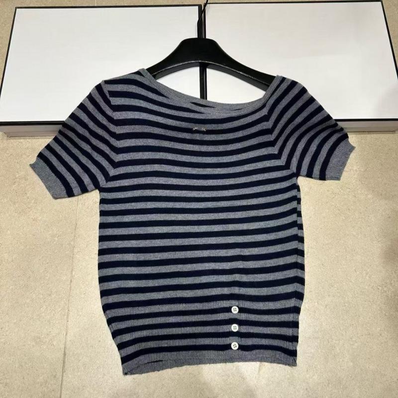 High-Quality Off-Shoulder Striped Knit Short-Sleeve Casual Top - 2026 Summer Collection