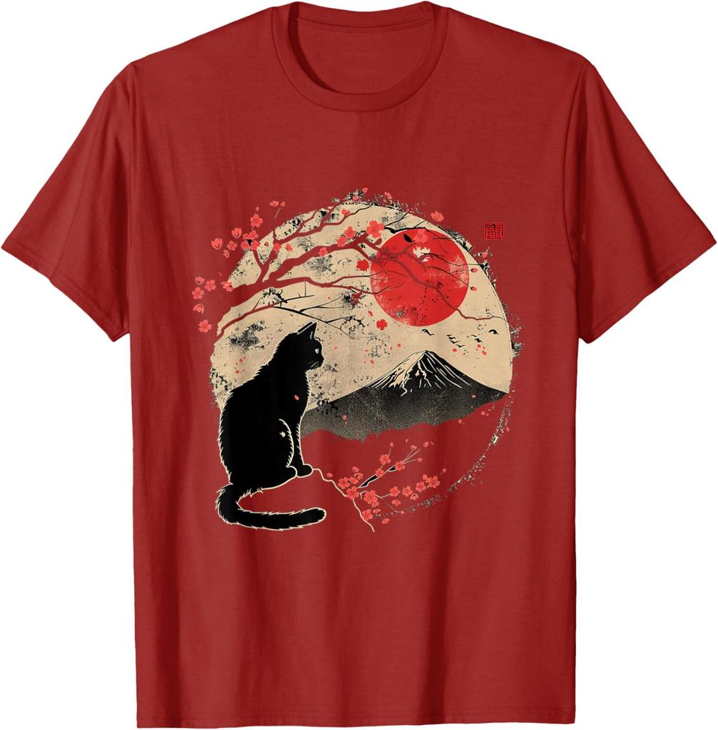 Black Cat Cherry Blossom Graphic Tee Men Casual Cotton T-Shirt
