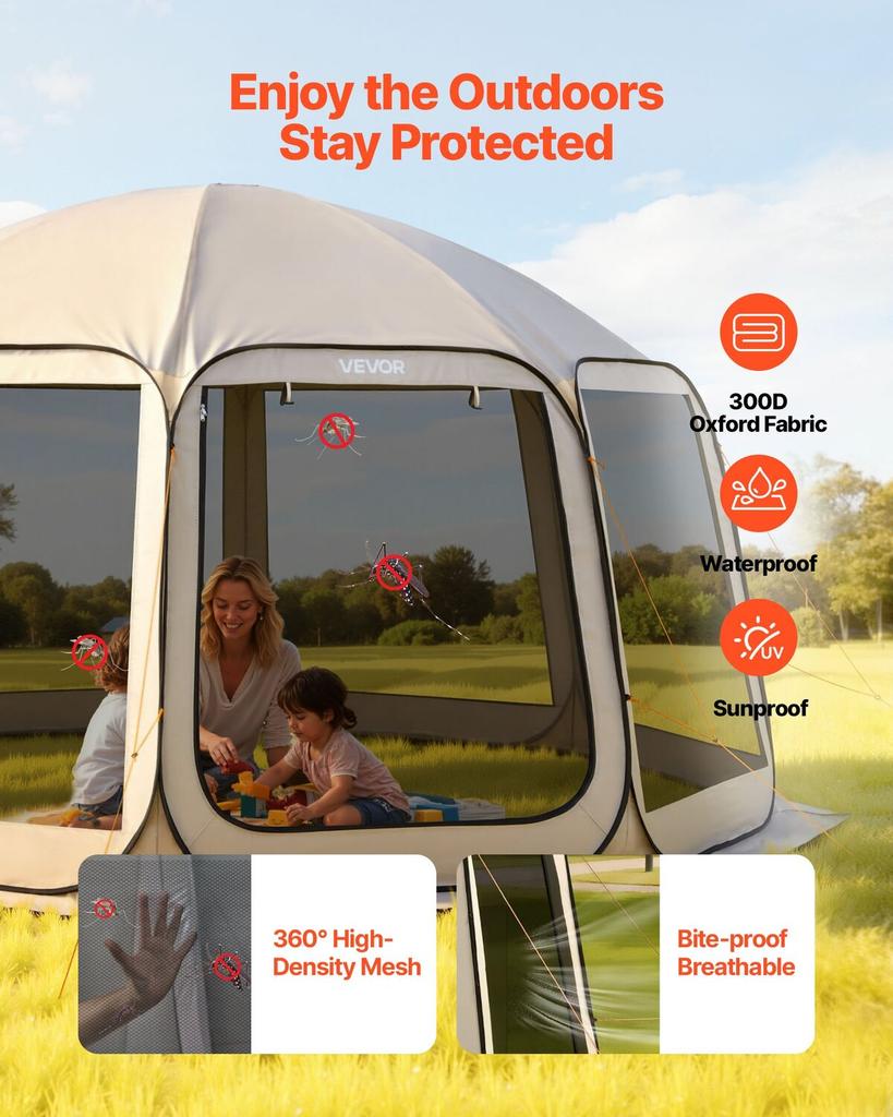 Screen House Tent, 4500 x 4250 x 2450 mm, 12-15 Person Pop Up Screen Tent, Portable Screened in Canopy with Carry Bag, Netting Sides, Ground Stakes,