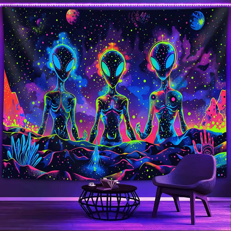 2D Trippy Alien UV Glow Tapestry, Blacklight Galaxy Wall Art for Home Decoration