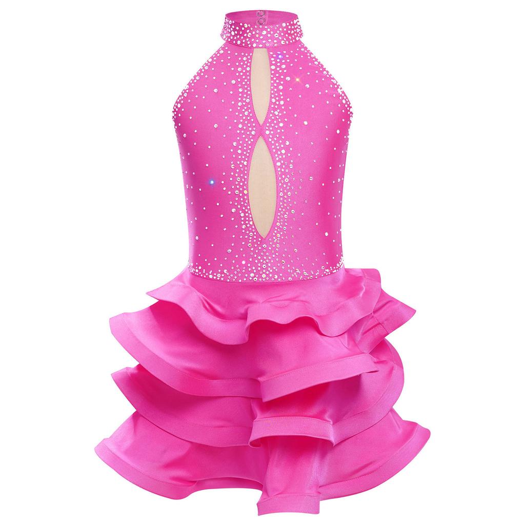 Girls Sparkly Rhinestone Latin Dance Dress Sleeveless Backless Design with Flowy Tiered Skirt for Competition