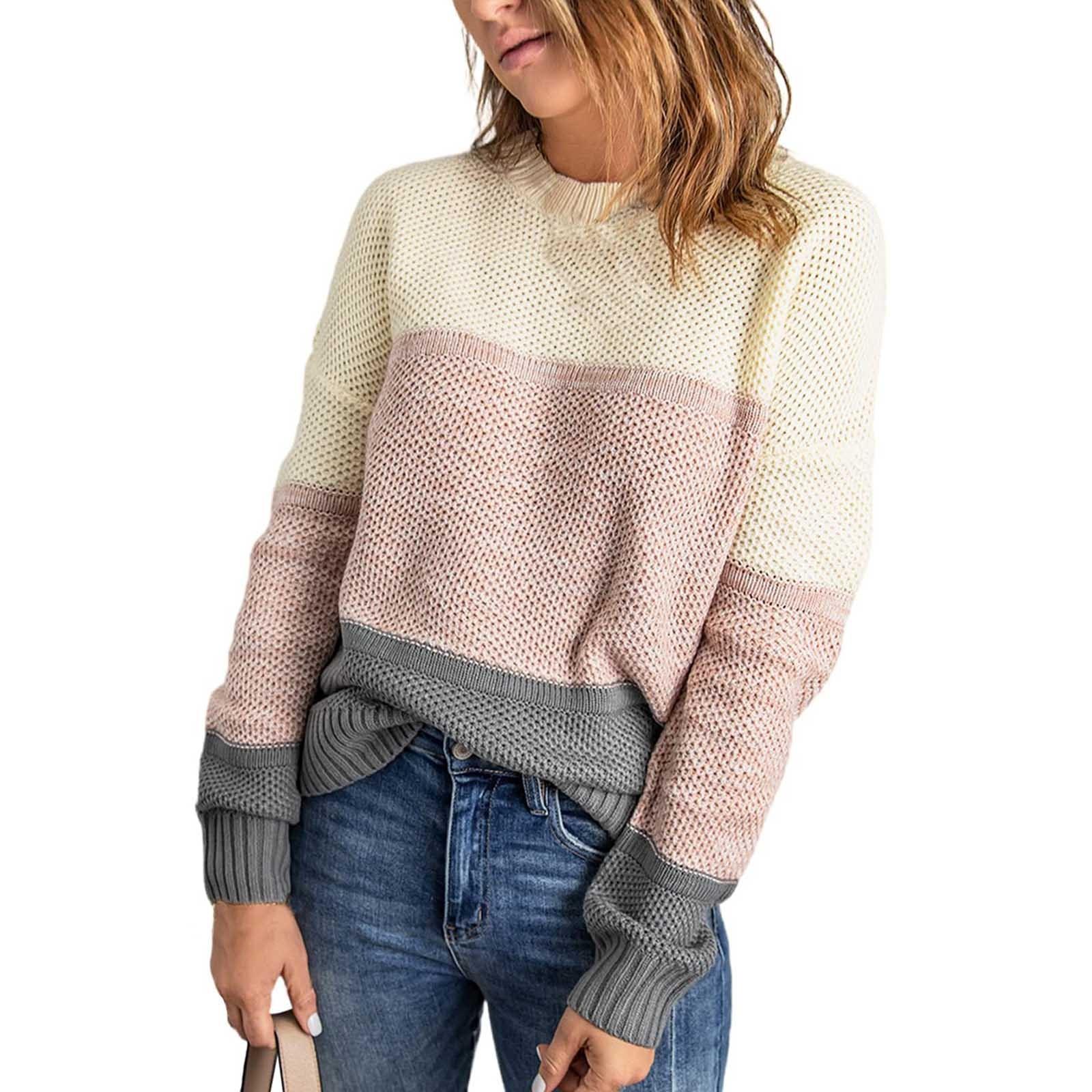 

Женский модный контрастный цветной пуловер с круглым вырезом и длинными рукавами, вязаный свитер S розовый