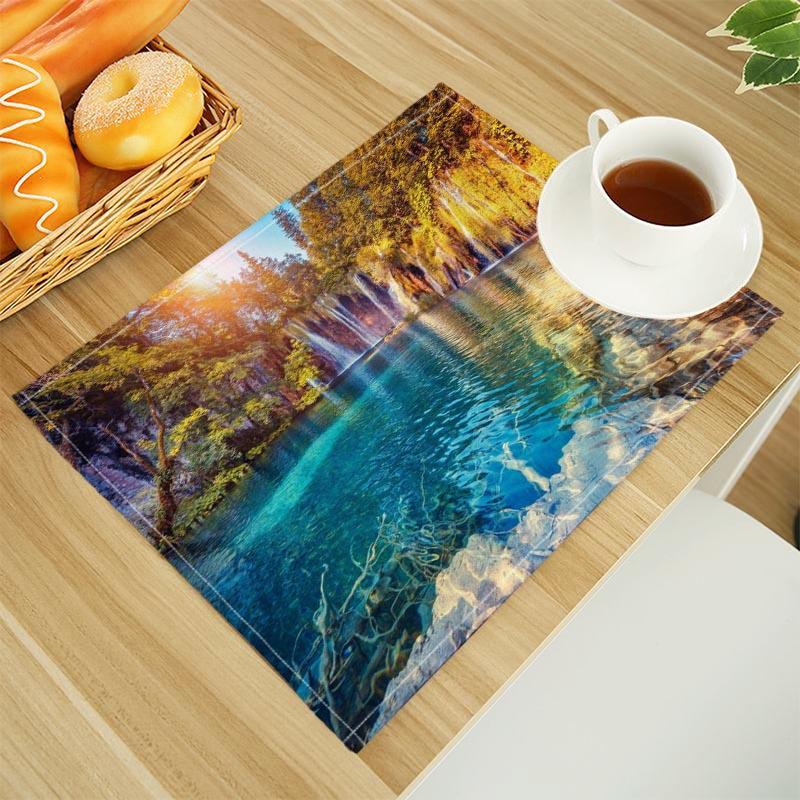 Natural Waterfall Print Linen Dining Table Mats Alphabet Kitchen Placemat 30X45cm Coasters Pads Bowl Cup Mat