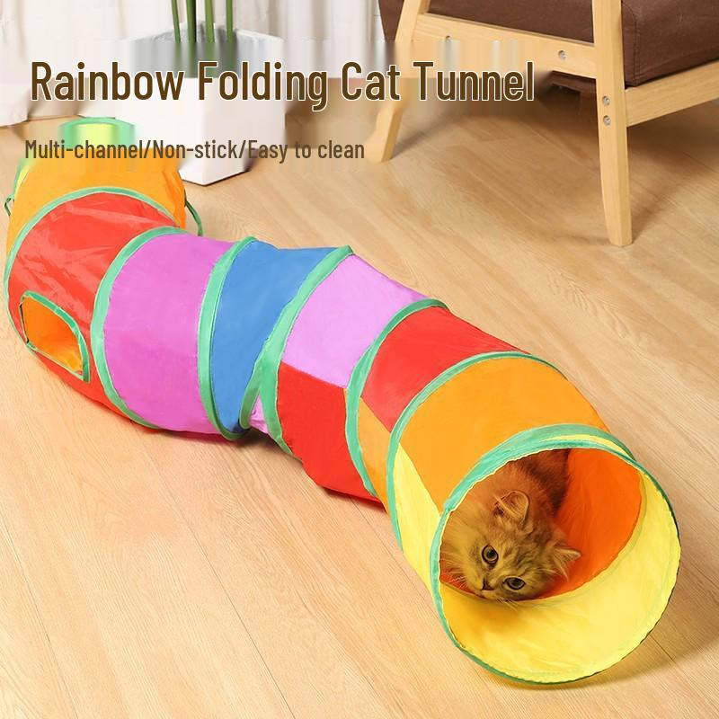 Rainbow Cat Tunnel & Teaser Toy - Self-Amusement, Boredom Relief, Physical Exercise for Kittens