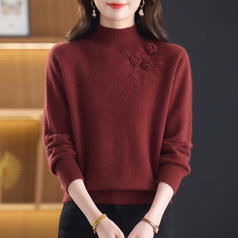 Women's Slimming Half-High Collar Wool Sweater - Thick Warm Winter Base Layer for Middle-Aged Women