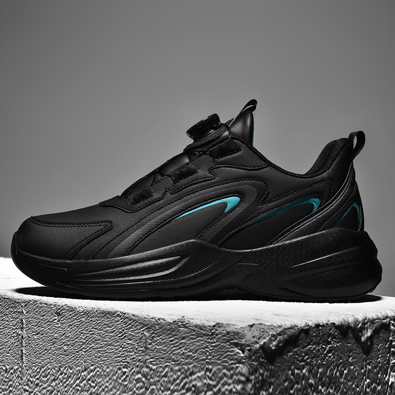 Waterproof Leather Sports Shoes for Men with Rotating Buttons, No Need to Tie Laces, Non-Slip, Large Size Youth Running Shoes