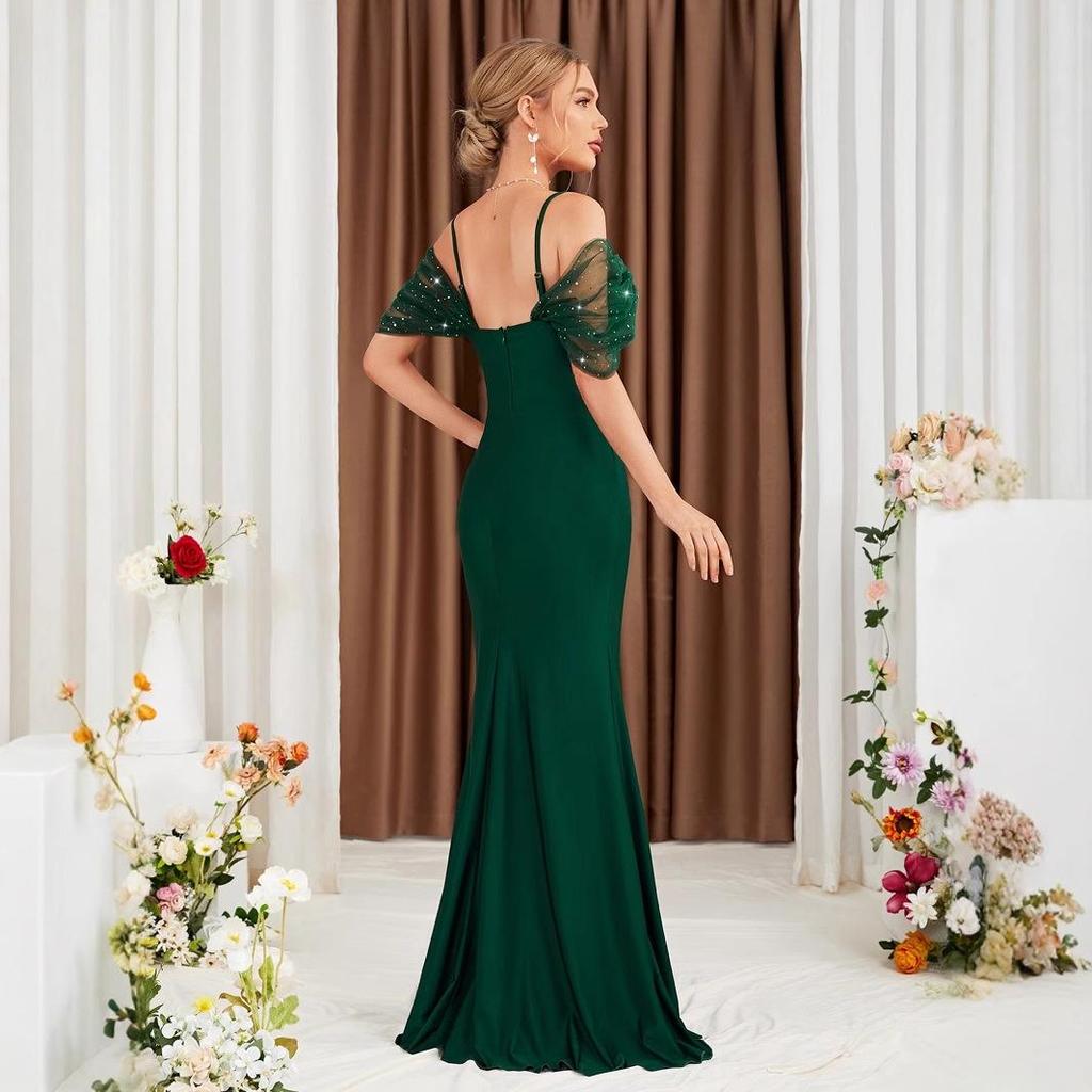 Off-Shoulder Spaghetti Strap Fishtail Evening Dress with Slit - New Slim Fit Gown for Annual Meeting or Special Events 2025