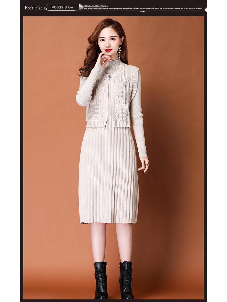 2025 Autumn/Winter Women's Elegant Knit Two-Piece Mid-Length Wool Dress Set