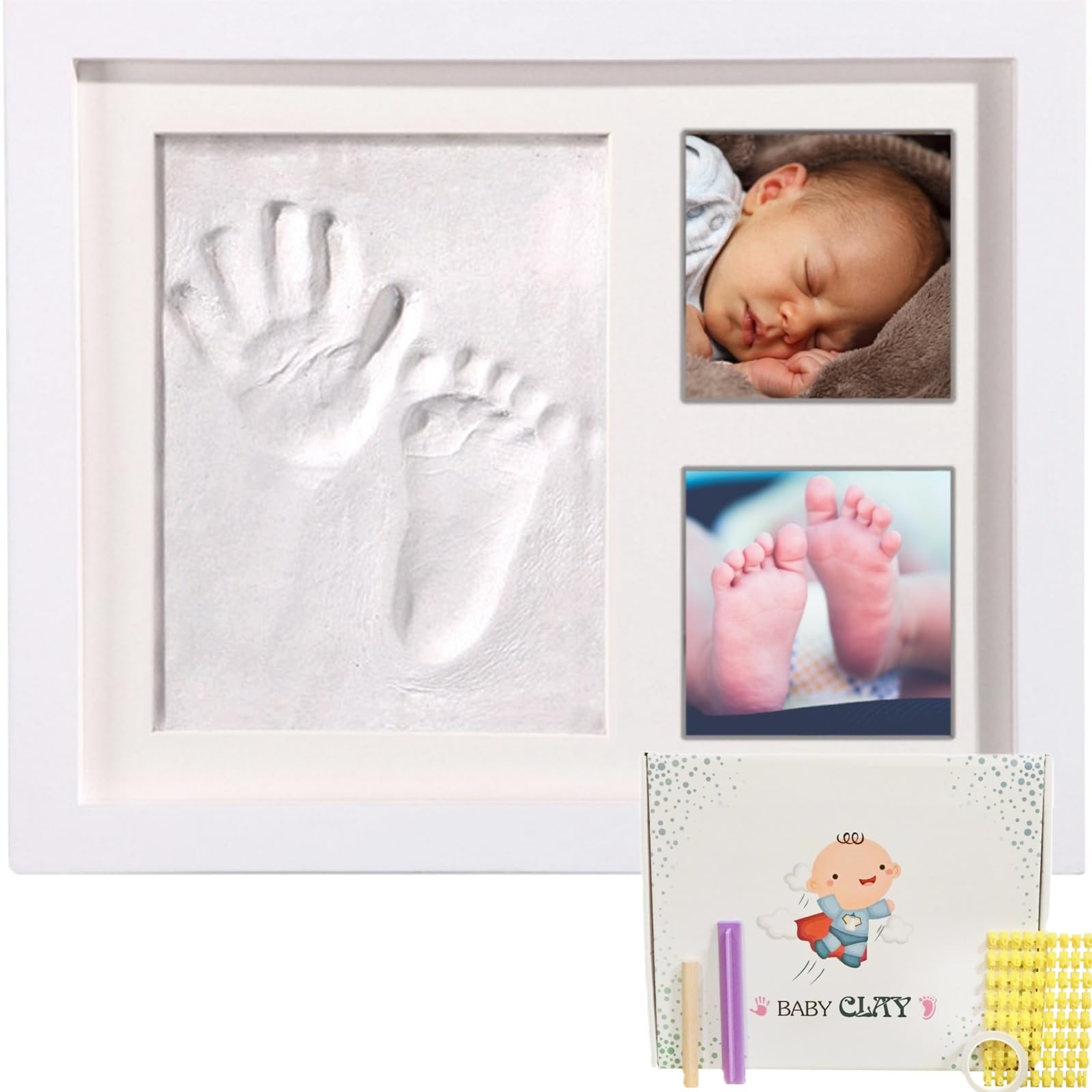 

cotoms Baby Photo Frame with Beautifully Moulded Handprints and Footprints, Clay Handprint Stamps, Baby Gift, Naming Memorial Box