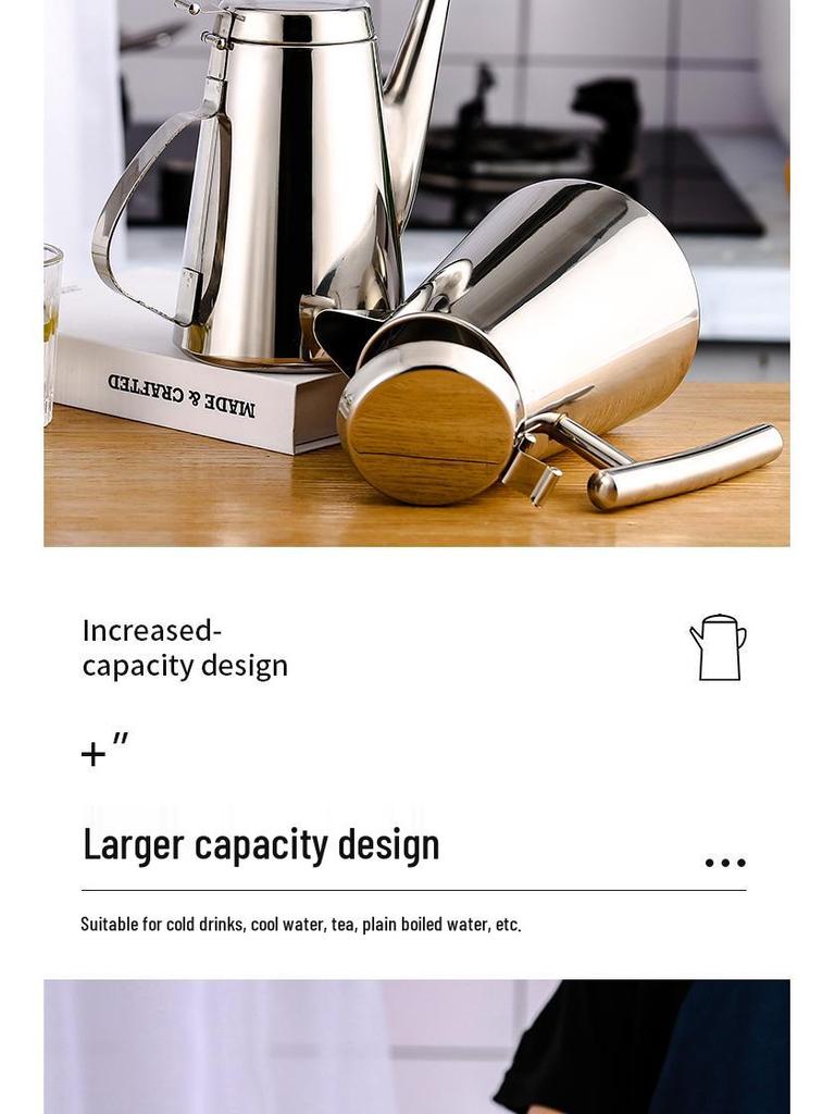 Thickened Stainless Steel Long Spout Teapot with Flat Lid, Large Capacity for Cold Water, Soup, or Juice.