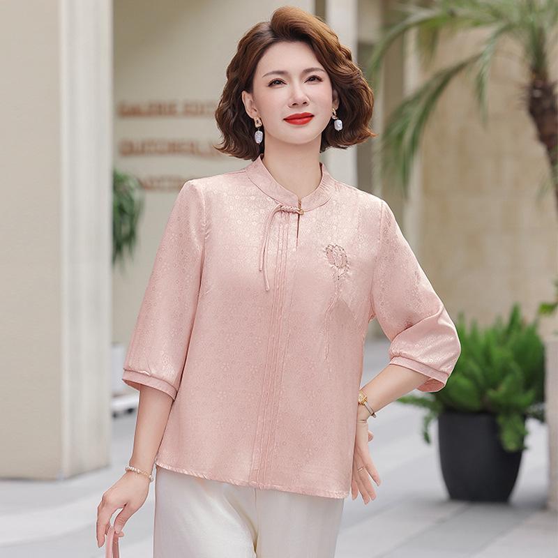 

2026 Women s Summer Mid-Sleeve Satin Chiffon Tops for Mothers - New Styles for Middle-Aged and Elderly 5XL (155-165 lbs)