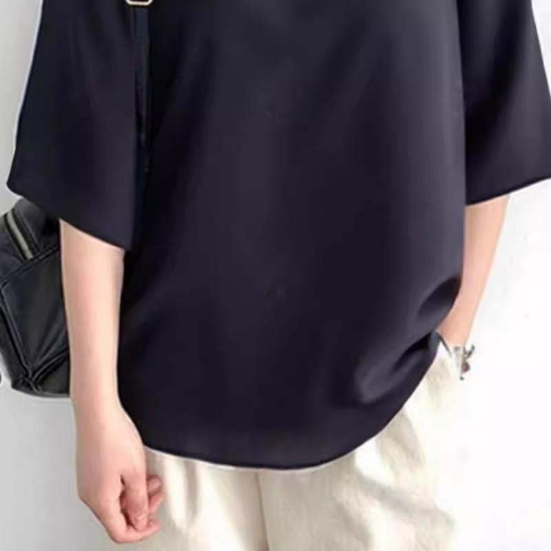 Japanese & Korean Style Women's Spring/Summer Patchwork Loose Top with Mid-Sleeve and Hollow-out Back