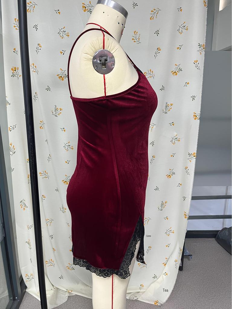 Lace Wine Red Strappy Bodycon Lingerie Dress with Slit