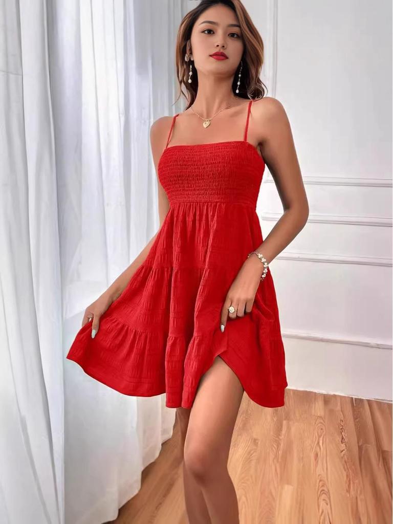 2026 European & American Summer Women's One-Shoulder Thin Strap Solid Color Versatile Dress