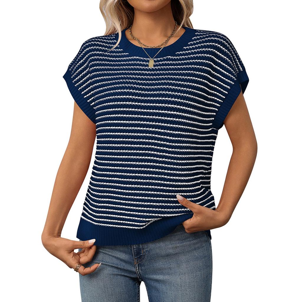 Women's Fashion Summer Round Neck Knitted Casual Striped Contrast Top