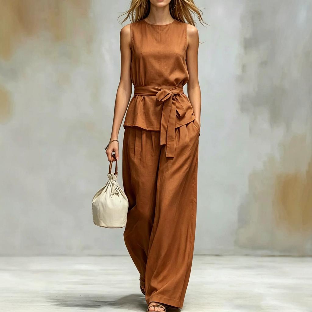 Women Solid Color Sleeveless Jumpsuit Round Neck Self Tie Belt Wide Leg Pants Casual Loose Fit Long Overalls