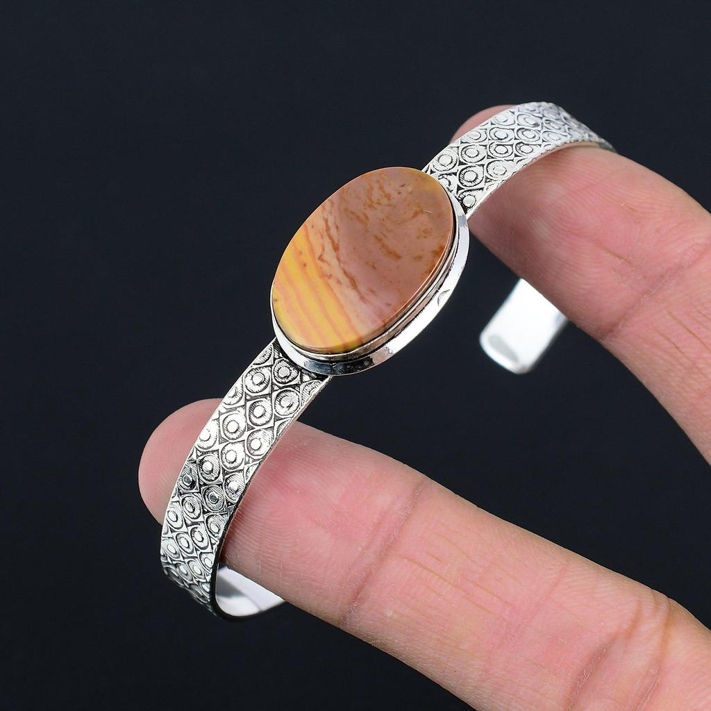Gift For Women Bangle Adjustable 925 Silver Natural Landscape Jasper Gemstone