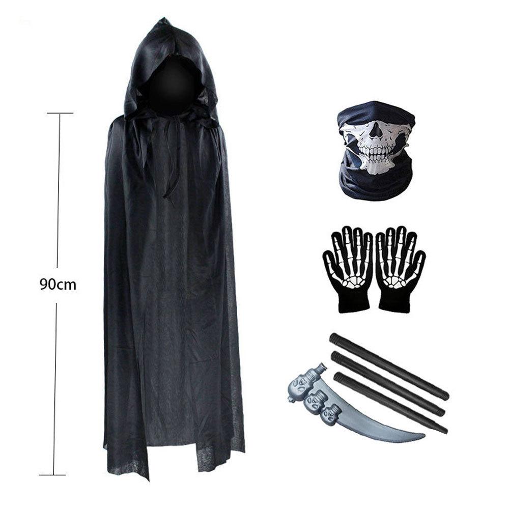 Halloween Scary Costume Grim Reaper Costume for Boys Kids Costume with Glowing Red Eyes with Gloves Mask