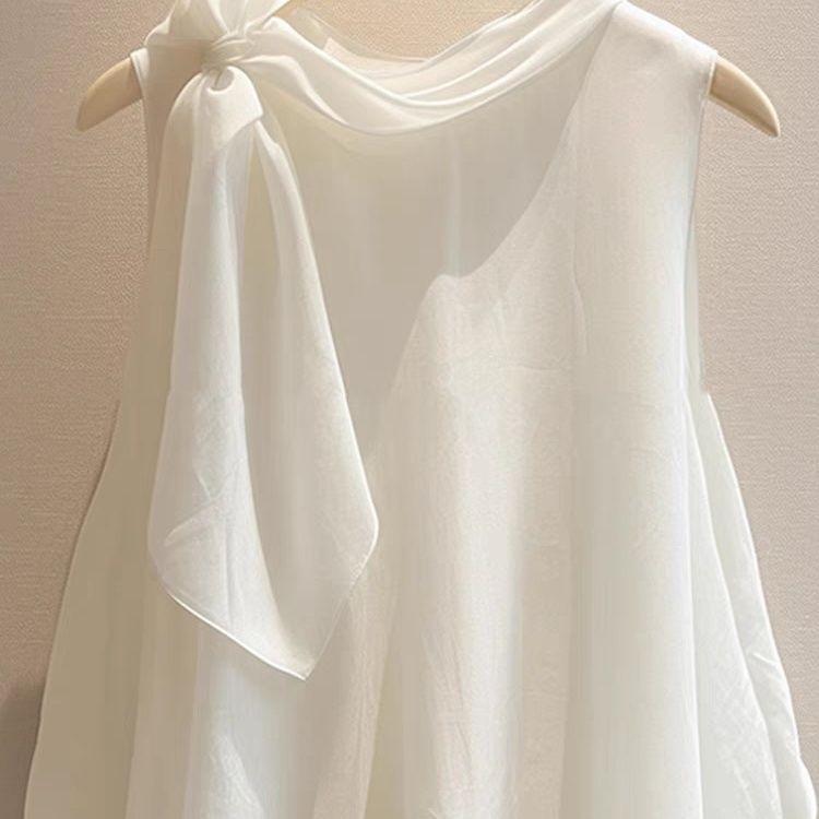 Bluză Albă Chic Franțuzesc Fără Mâneci cu Design cu Fundă Elegantă de Înaltă Calitate Cămașă de Modă Femei