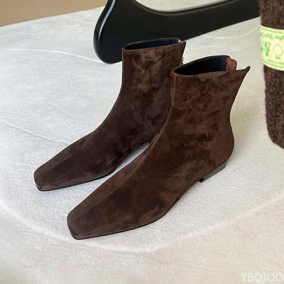 Fashion New Autumn Winter Retro Brown Suede Ankle Boots with Zipper Square Toe Thick Heel Simple Comfortable Short Boots