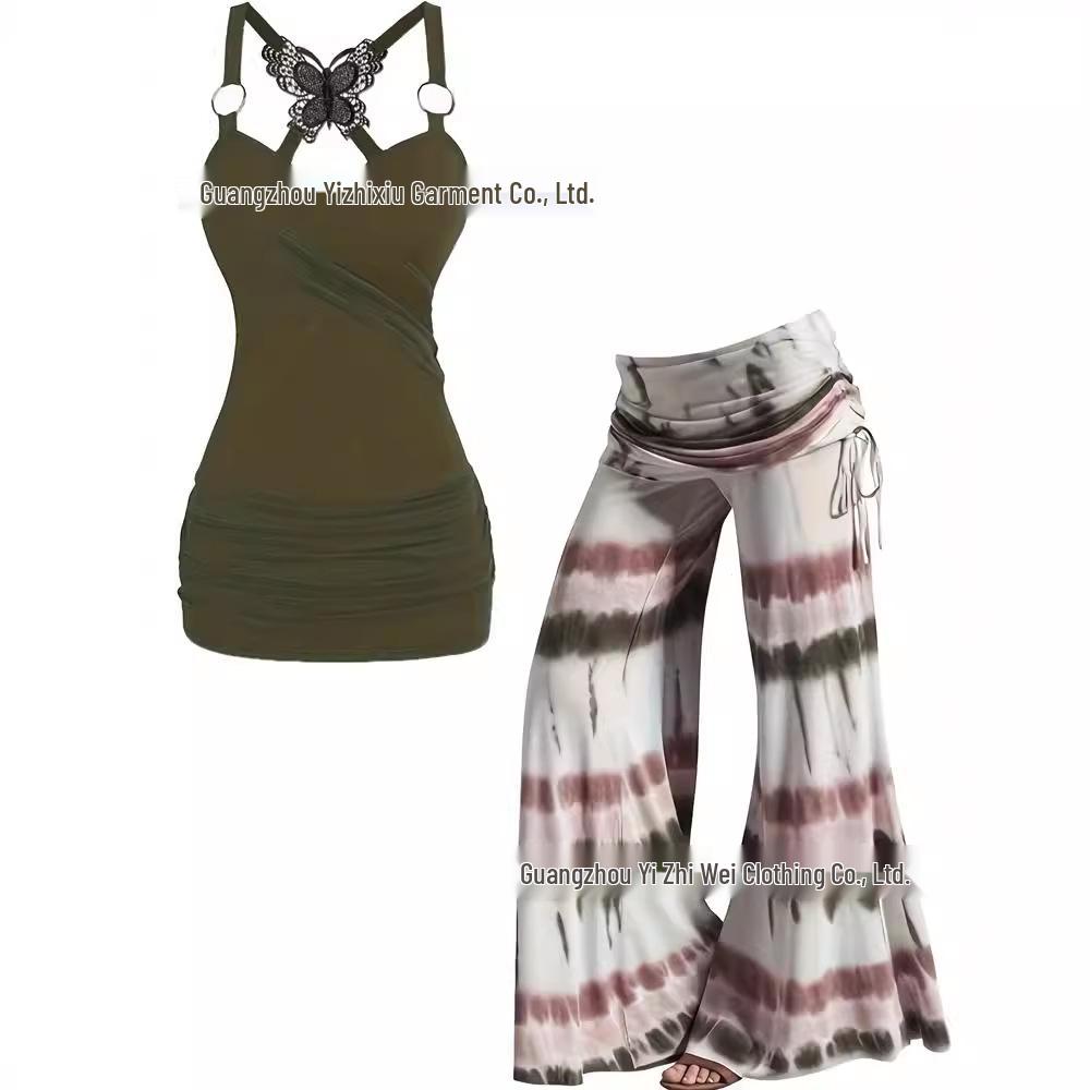 Plus Size European & American Embroidered Sling Top and Flare Pants Set for Women - In Stock