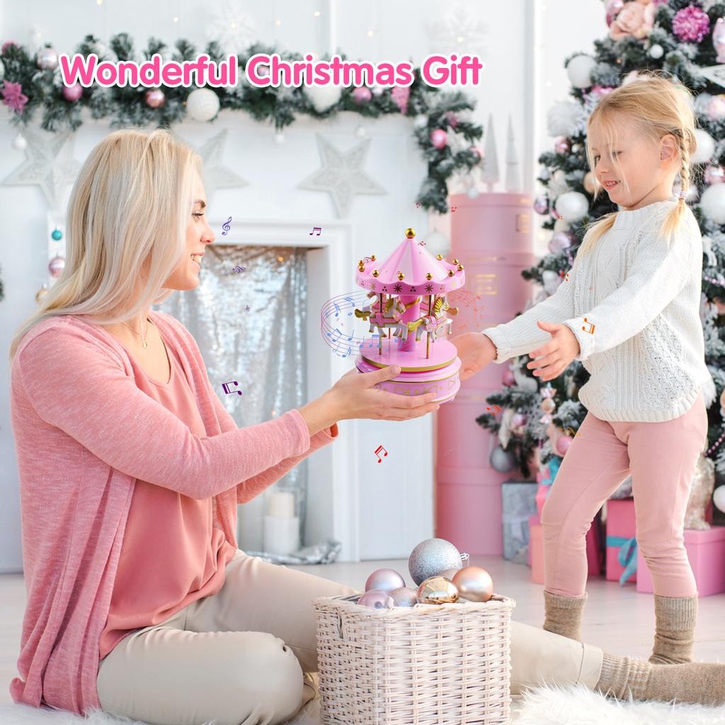 Carousel Music Box 4-Horse Rotating Baby Musical Toy Christmas Gifts Birthday Presents for Girls Kids Children Daughter Friends