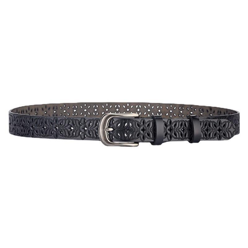 Womens Genuine Leather Belt With Cut-Out Design No-Punch Adjustable Waistband Alloy Buckle Fashionable Office Casual Wear