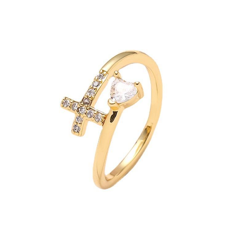 Exquisite Sparkling Zircon Heart Cross Opening Ring, Women's Fashion Trend Holiday Party Accessories