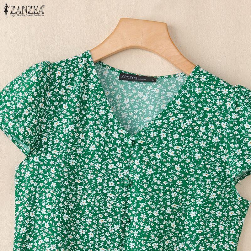 ZANZEA Women Casual V-Neck Floral Print Short Sleeve Dress