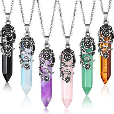 Mode natürliche Kristall sechseckige Säule Vintage Legierung Rose Anhänger Amethyst Kristall Halskette