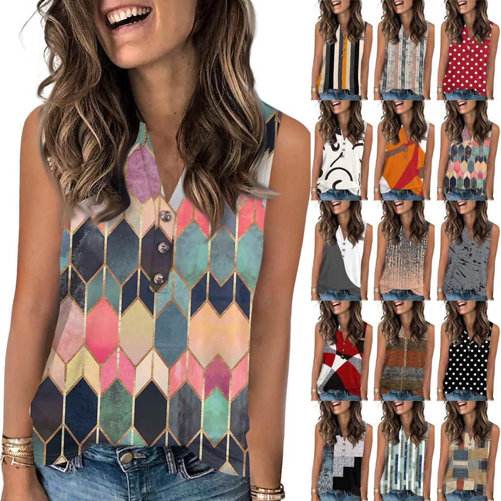 Women's Casual Fashion Summer Color Block Stitched Print Tank Top V-neck Sleeveless Button Top