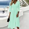 Women's Casual Striped V Neck Dress with Three Quarter Sleeves Back Zipper Midi Length Comfortable Fit