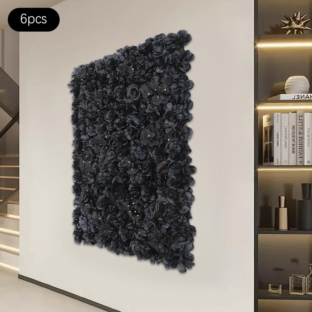 6 Pcs Artificial Flower Wall Panel, 14.96x14.96 In Square Floral Backdrop w/ Hydrangea Dahlia Rose, Black Elegant Wedding Decor