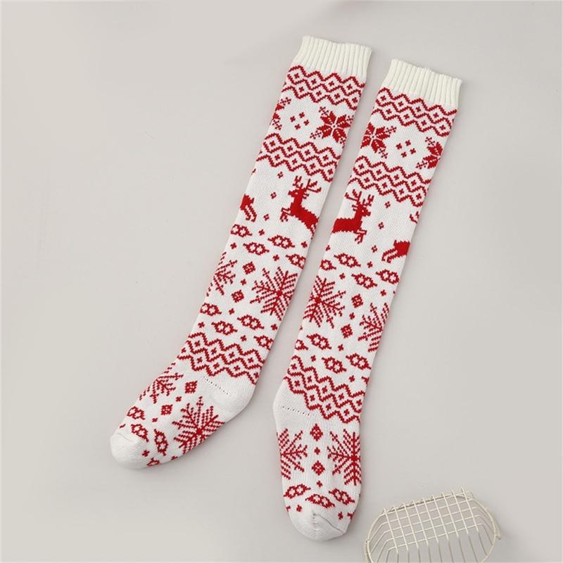 Women Christmas Reindeer Snowflake Knitted Thigh High Stockings Acrylic Fabric Over Knee Long Boot Socks Leg Warmers