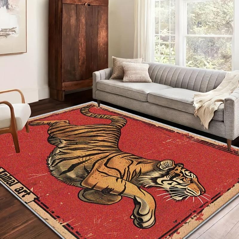 Tiger Patterned Carpets for Dormitories and Living Rooms, Animal Patterns, Red Home Decor Mats for Both Indoor and Outdoor Use