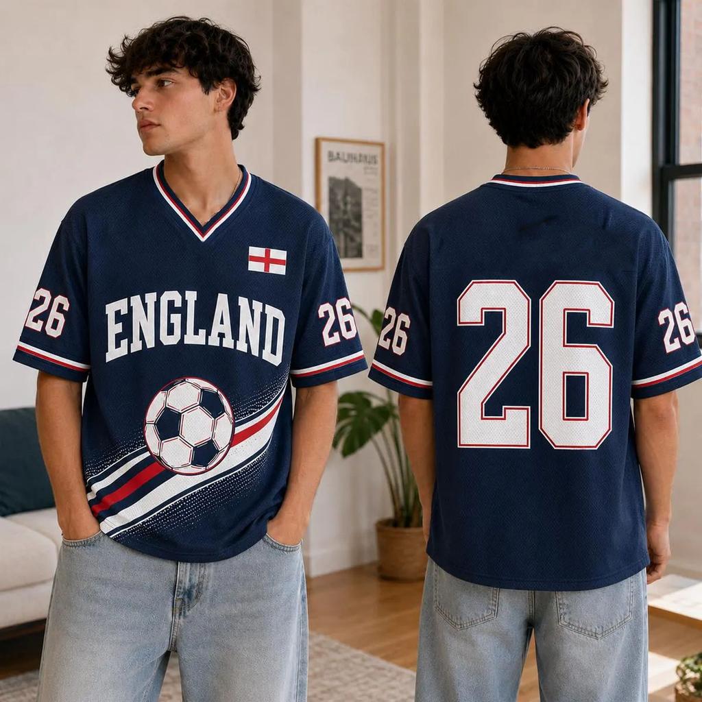 Y2K Retro England Fußballtrikot #26 Nummer Aufdruck T-Shirt Oversized Street Sport Tee England Fußball Top Für Fans Kinder Erwachsene
