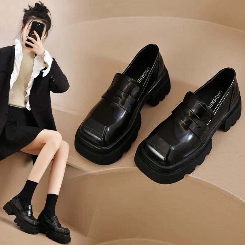 Oxford Shoes for Women High Heels Patent Leather Chunky Platform Shoes Woman Loafers Slip On Black Jk Uniform Mary Janes Shoes