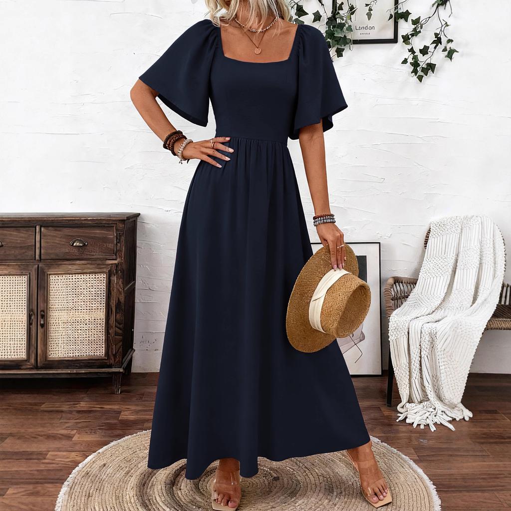 Women's Flutter Sleeve Maxi Dress Square Neck Mid Waist Elegant Solid A Line Dress Bohemian Beach Vacation Evening Gown